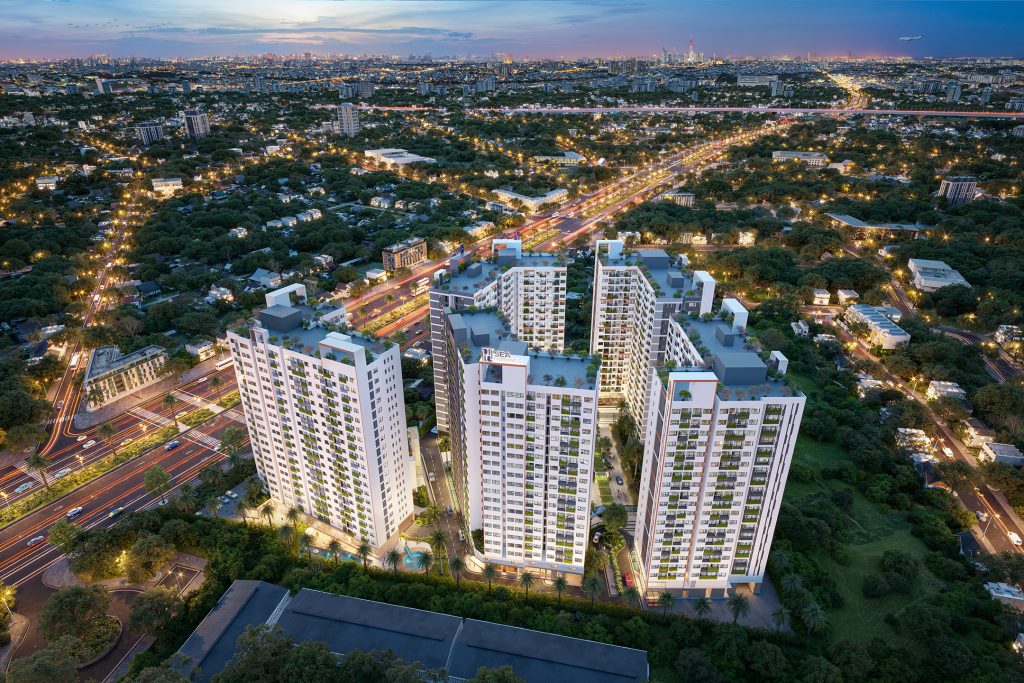 Phối cảnh tháp Destello (T2A) Destino Centro về đêm, nhìn từ trên cao